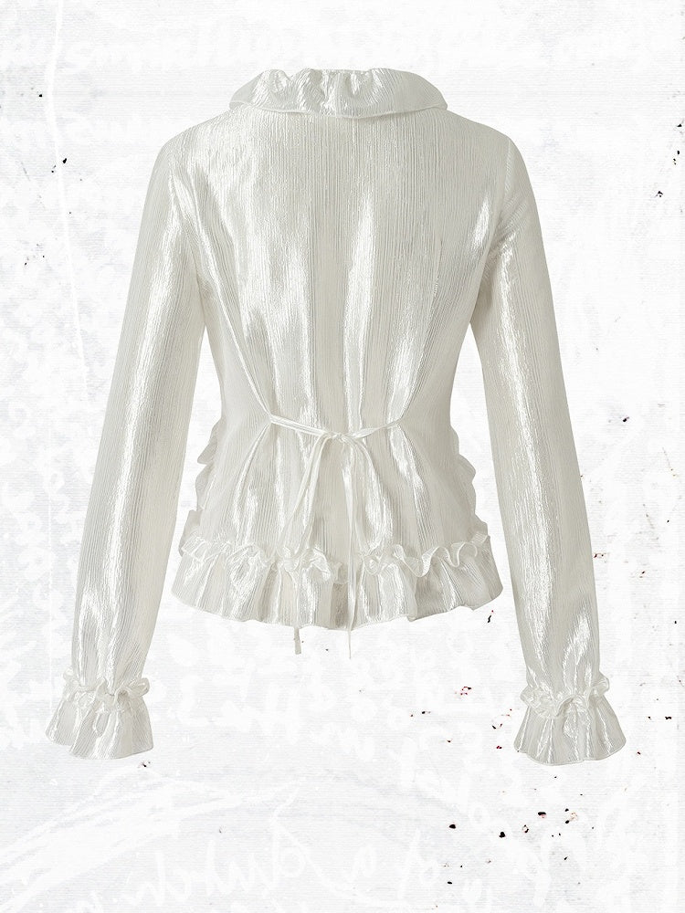 Shimmery White Ruffle Decorated Long Sleeve Blouse with Tie-Back Waist Cinch - NO ROMANCE