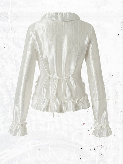 Shimmery White Ruffle Decorated Long Sleeve Blouse with Tie-Back Waist Cinch - NO ROMANCE