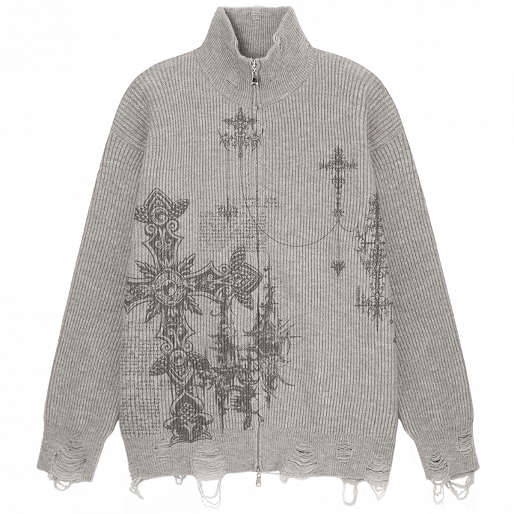 Edgy Gothic Cross Print Gray Distressed Oversized Cardigan Sweater
