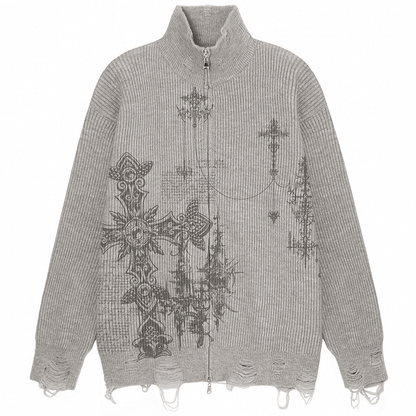 Edgy Gothic Cross Print Gray Distressed Oversized Cardigan Sweater