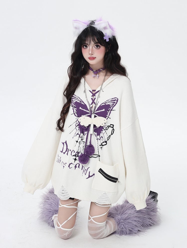 Pattern and Pom-Pom Details V-Neck Balloon Sleeve Knit Sweater with Butterfly Colors | 4