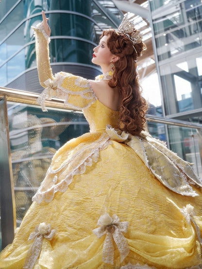 Lolita Layered Gown Lace Yellow Version and with Long Hanayome Ruffles Bow Hime Details Off-Shoulder