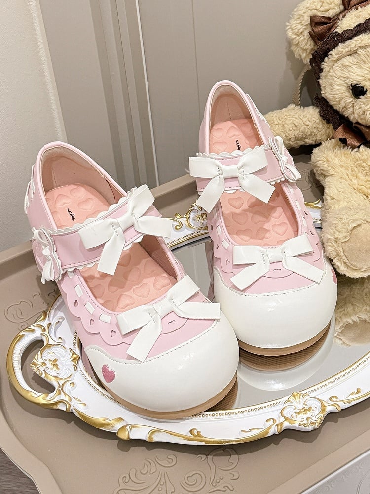 Bow Edge Scalloped Details Accents White Cut-Out Lolita Sweet Heart - PU with Flats