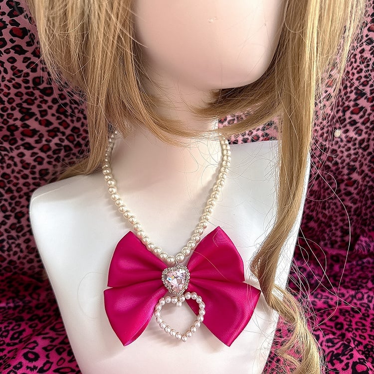 Pink/Rose Rhinestone Bow Red Gyaru Beaded Necklace Heart