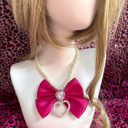 Pink/Rose Rhinestone Bow Red Gyaru Beaded Necklace Heart