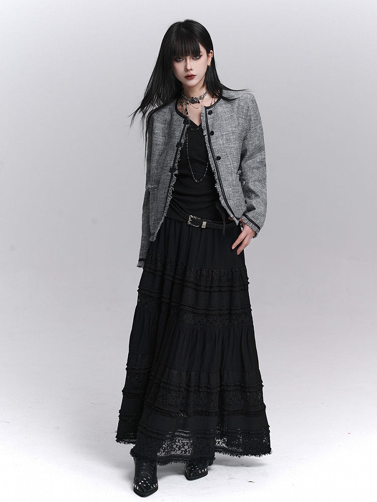 Structured Trim Gray Raw PU Fall Edges Black Crop Jacket with