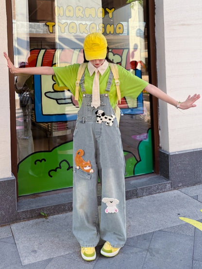 ライトブルーのハイウエストの愛らしい動物のアップリケデニムオーバーオール