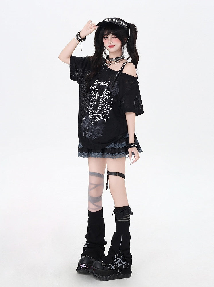 Y2K アシンメトリーネックライン スケルトン ハートプリント ブラック/グレー/ホワイト Tシャツ