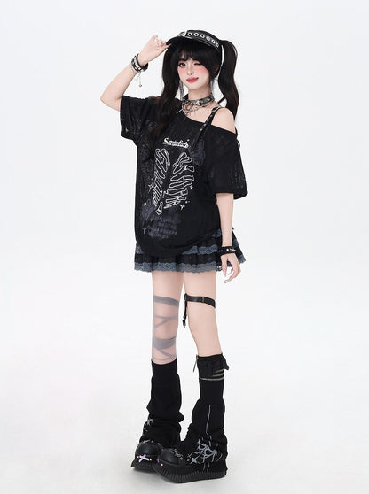 Y2K アシンメトリーネックライン スケルトン ハートプリント ブラック/グレー/ホワイト Tシャツ