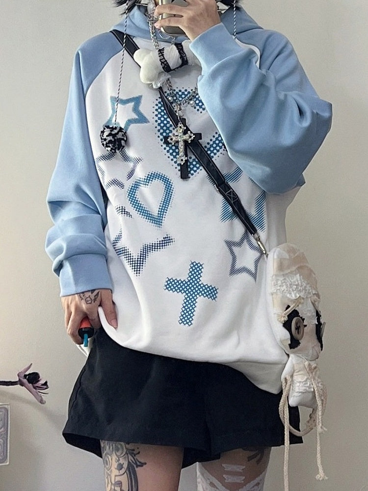 Blue-White Hoodie with Cross & Heart Print - Alita26SS