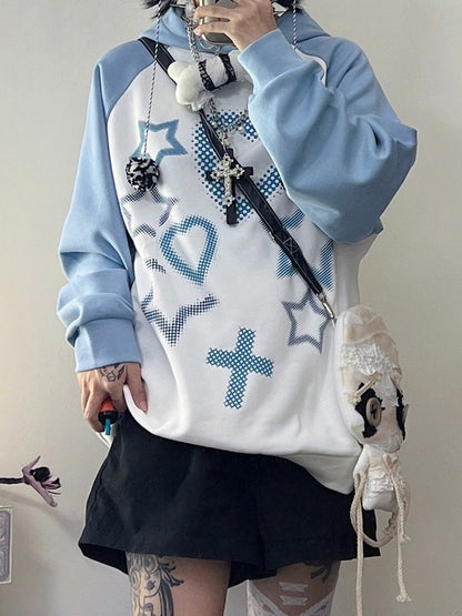 Blue-White Hoodie with Cross & Heart Print - Alita26SS