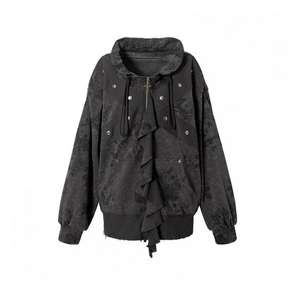 フリル裾のブラック＆ホワイトストライプ柄ジャケット