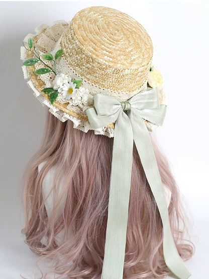 Hydrangea Bowknot Colors Straw Kei Lolita With Hat Lace Detachable Mori 4 Country