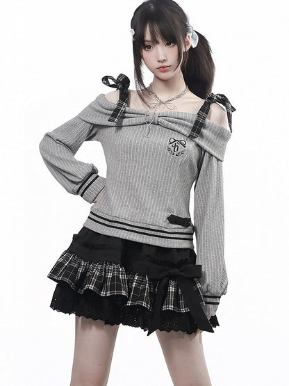 Vintage Grey Off-Shoulder Knit Top with Plaid Straps & Embroidery Accents - PINK SAVIOR
