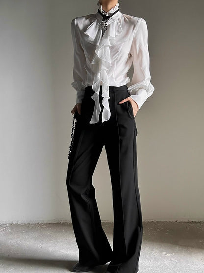 Ouji Lolita Vintage White Bishop Sleeve Shirt with Cascading Ruffle Placket & Detachable Lace Necklace