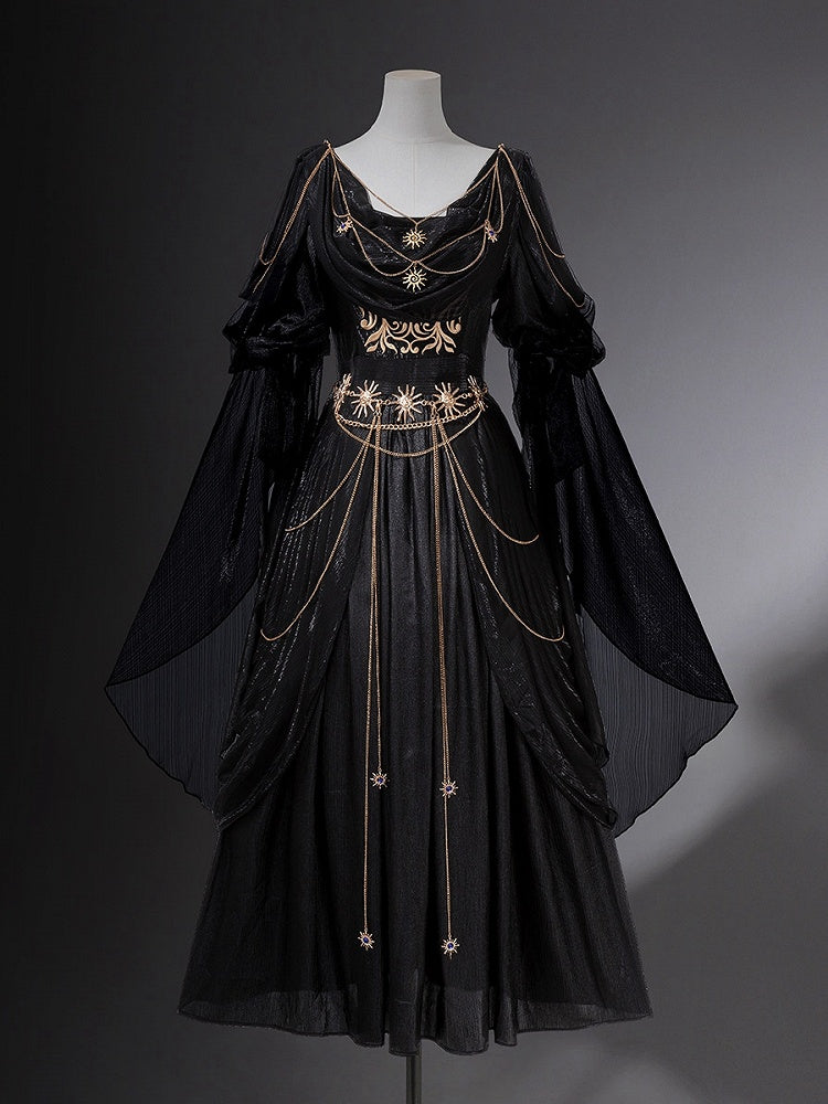 Embroidery Flowing and Sleeves Dress Black Golden Lolita Greek-inspired Chain Accents with