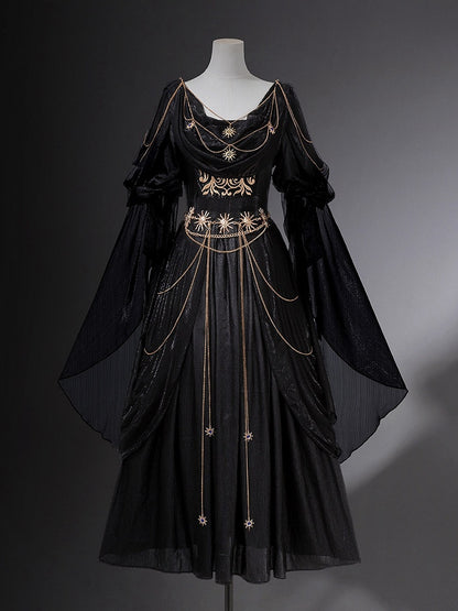 Embroidery Flowing and Sleeves Dress Black Golden Lolita Greek-inspired Chain Accents with