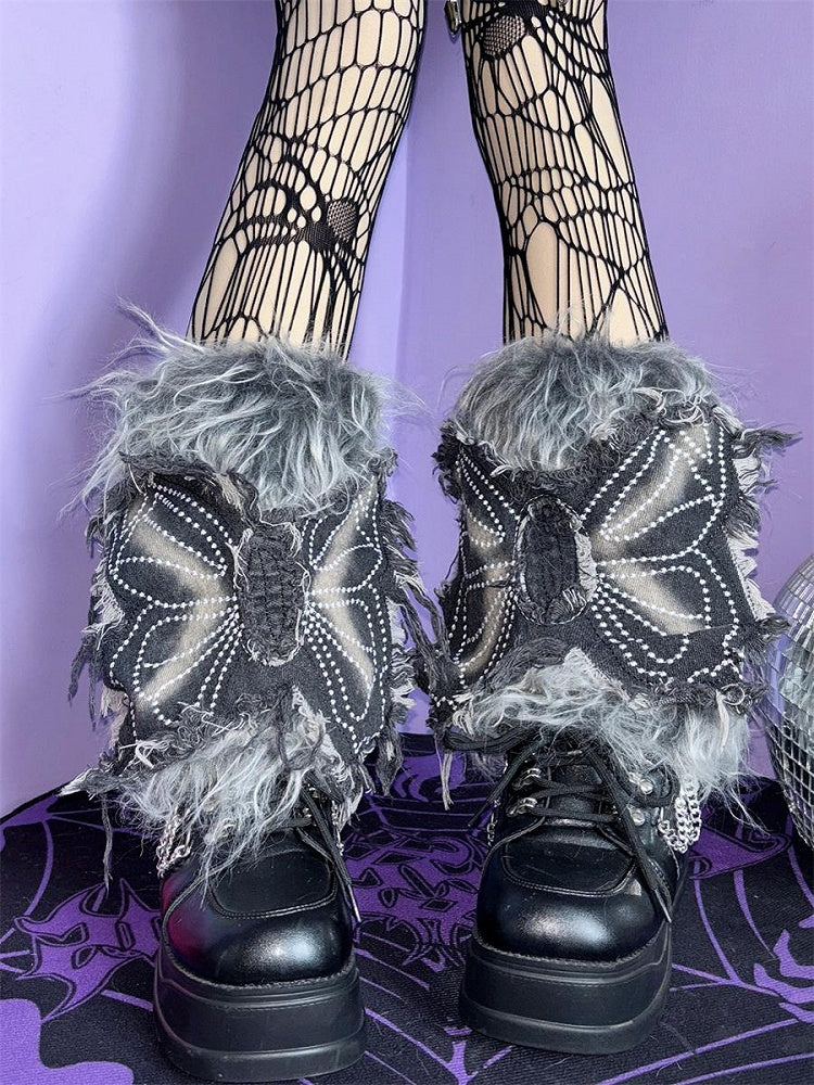Jambières à poils longs Y2K avec appliques papillons 25 cm