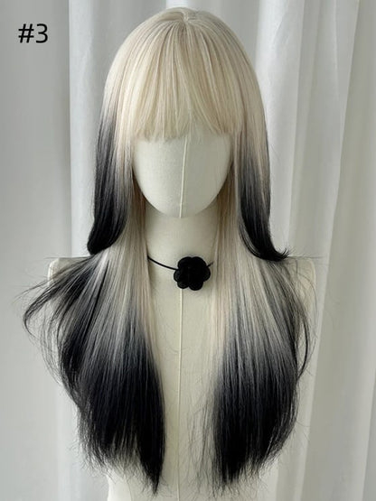 3 Optionen Lange glatte Kunsthaarperücke mit Pony