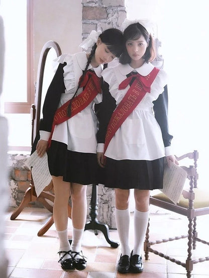 Red Black Bow Full Pleated Embroidered Maid Tie Ribbon with Sleeves Set + Lolita Apron Long Dress