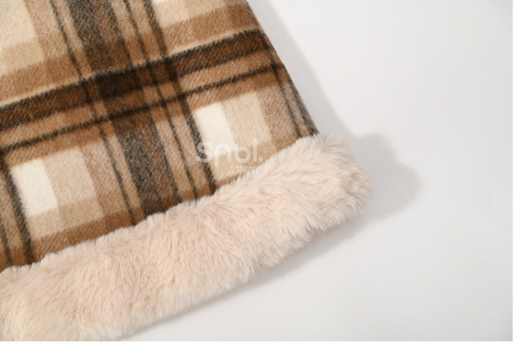Brown High Waist Plaid Skirt Plush Trim