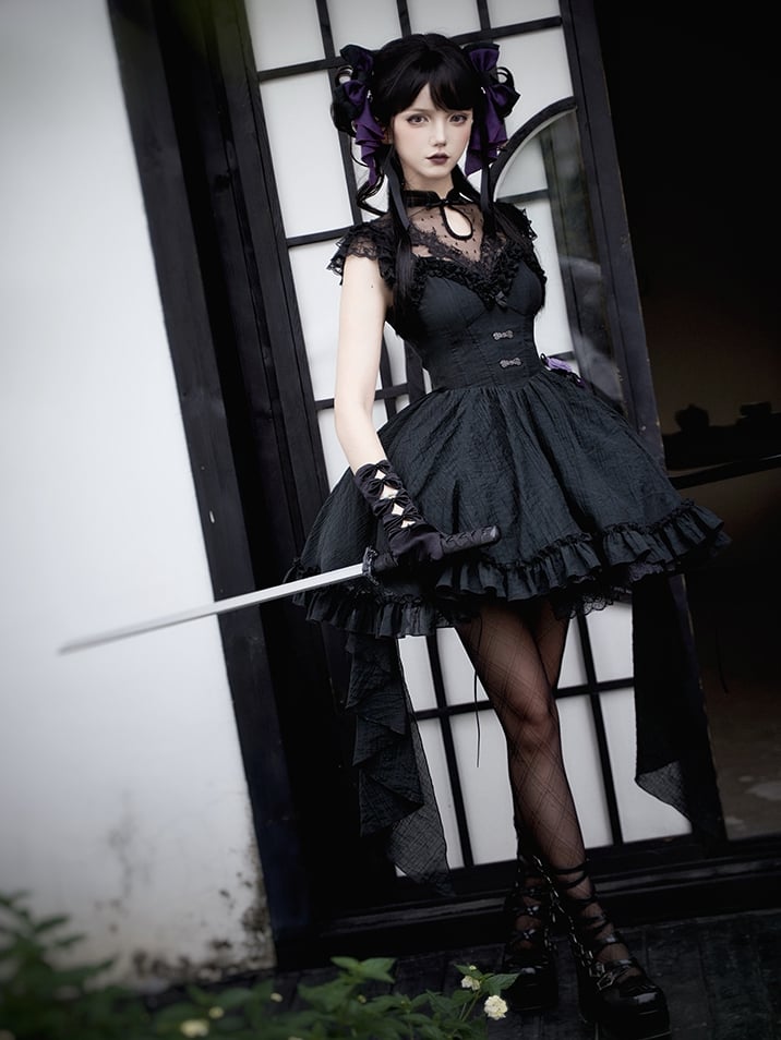 Ärmel Tüll Schwarzes Top Gepunkteter Flatterkragen Qipao Sheer