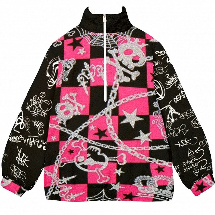 Und Skelett Karierte Krone Y2K Print Stern Oversize Muster Sweatshirt Schwarz