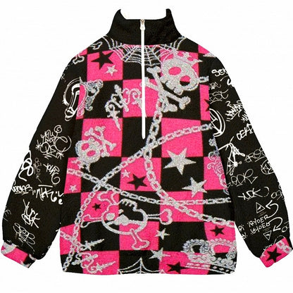 Und Skelett Karierte Krone Y2K Print Stern Oversize Muster Sweatshirt Schwarz