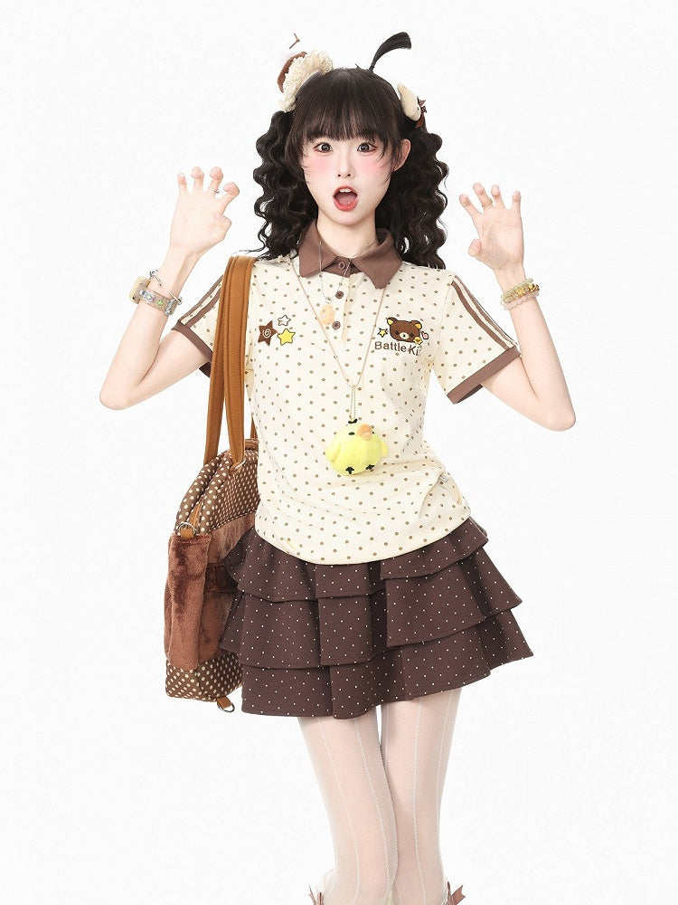 Brown Polka-Dot Tee with Bear Patch & Chick Charm - Languid Park