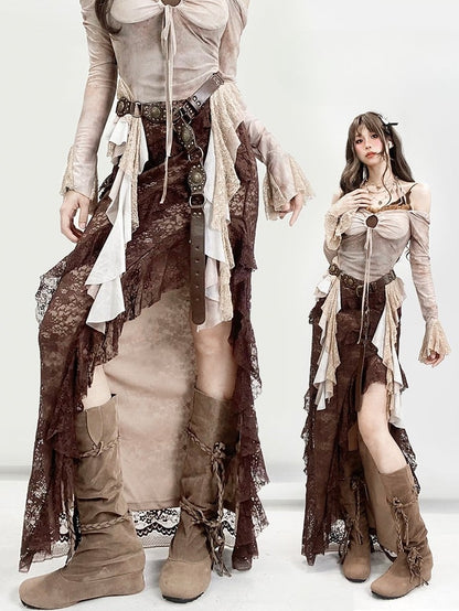 Lace Millard Fashion Asymmetrical Design Glamorous Hem Thigh-high High-low Skirt Brown Trim Slit