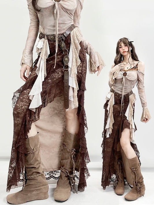 レースミラードファッションアシンメトリーデザイングラマラスヘムサイハイハイロースカートブラウントリムスリット