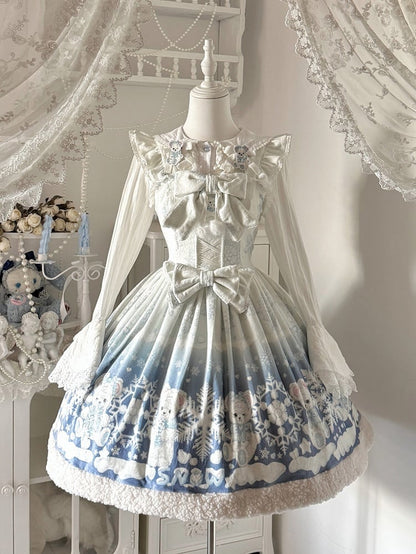 Teddy and Snowflake Print White-Blue Gradient Winter Sweet Lolita Dress with Fleece Hemline