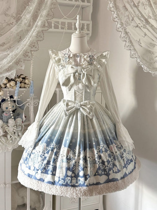 Teddy and Snowflake Print White-Blue Gradient Winter Sweet Lolita Dress with Fleece Hemline