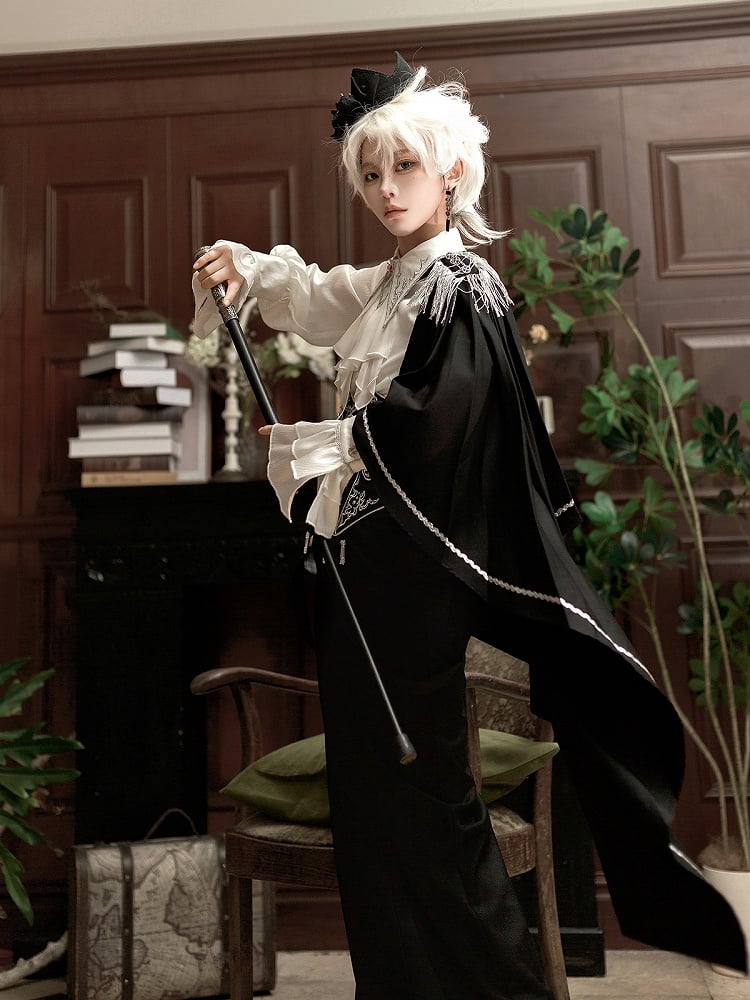 Belt+Black Corset Lolita Pants Pieces Three Prince Shirt+Embroidered Cape Set-One-Shoulder Ouji