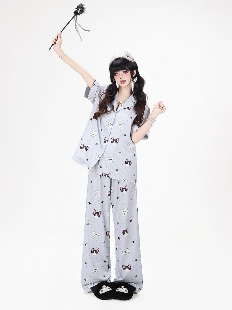 Otaku-Style Grey Lounge Wear Set: Kitten Print Short-Sleeve Top + Matching Pants - CRAZY GIRL