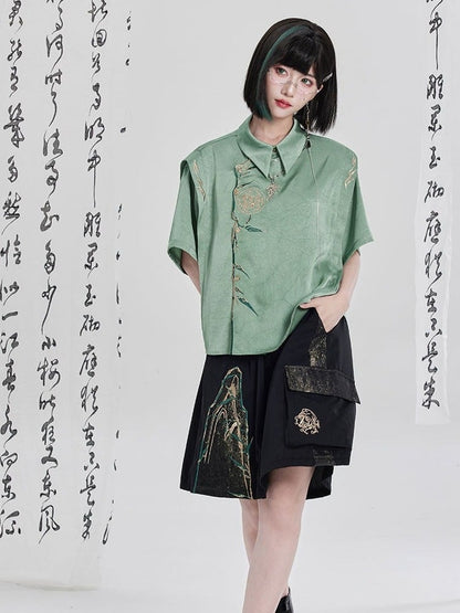 Green Chinese Embroidery Asymmetrical Short-Sleeve Shirt - Qing Tang Original