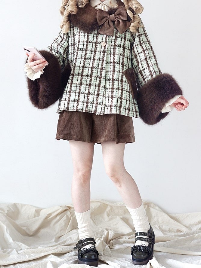 Plush Faux Coat Cropped Fur Cuffs Mint Green Tweed Chocolate with Lolita