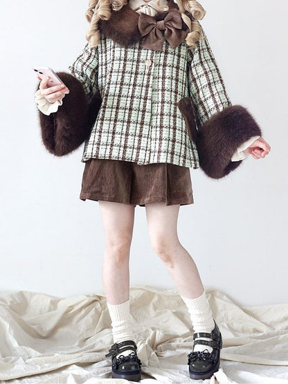 Plush Faux Coat Cropped Fur Cuffs Mint Green Tweed Chocolate with Lolita
