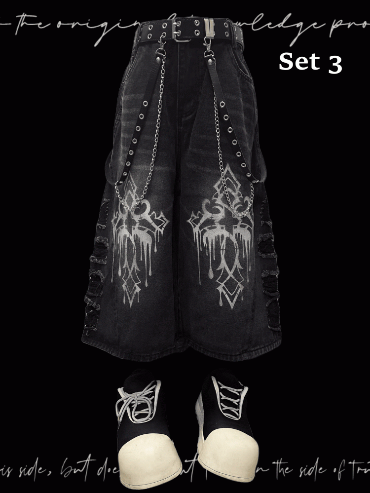 Weite Jeans mit Saum, dunkelgrau, Kreuzdruck, Distressed-Löcher