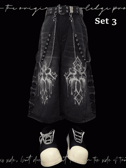 Weite Jeans mit Saum, dunkelgrau, Kreuzdruck, Distressed-Löcher