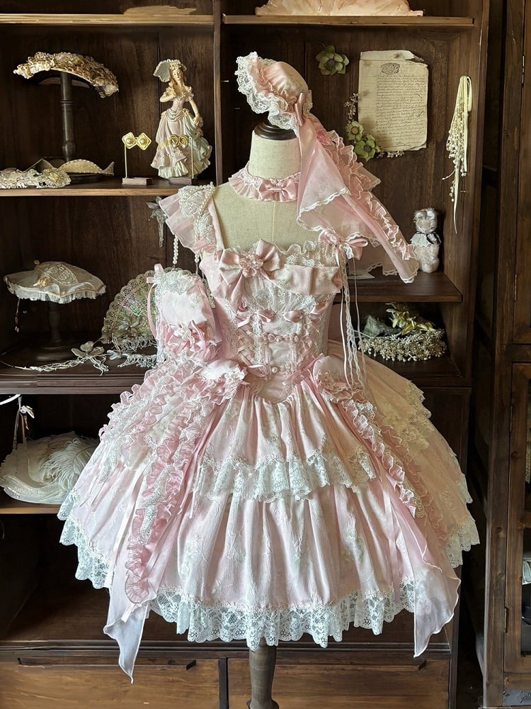Pink Dress Princess and Jellyfish Lolita Button Jumper Blossom with Corset Accents Frog Print Pear Skirt