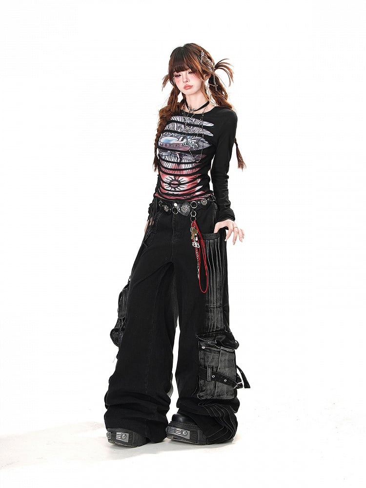 Lockere Jeans mit weitem Bein und Cargotaschen in verblasster Waschung in Schwarz