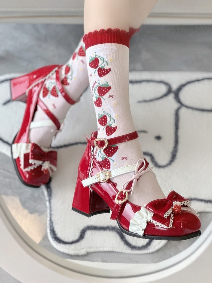 Crisscross Bow Janes Design Charm Square Sweet Toe Red Strawberry - Snap Mary Lolita with Top Heart