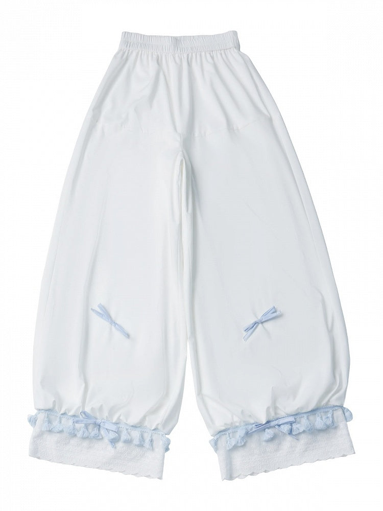White Wide-Leg Balloon Pants with Bow and Tassels - PINK SAVIOR