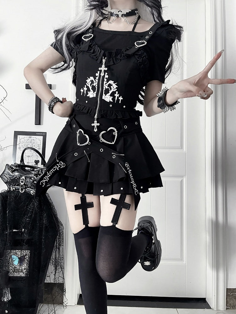 Black Ruffled Studded Vest with Cross Zip & Heart Straps