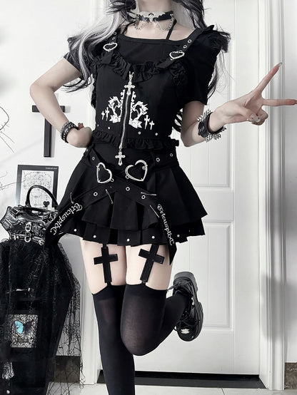 Black Ruffled Studded Vest with Cross Zip & Heart Straps