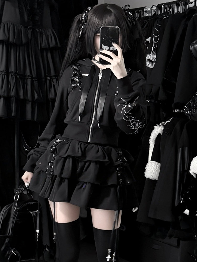 Lace-Up Dark Hoodie Stud-Decorated Black Kei Jirai
