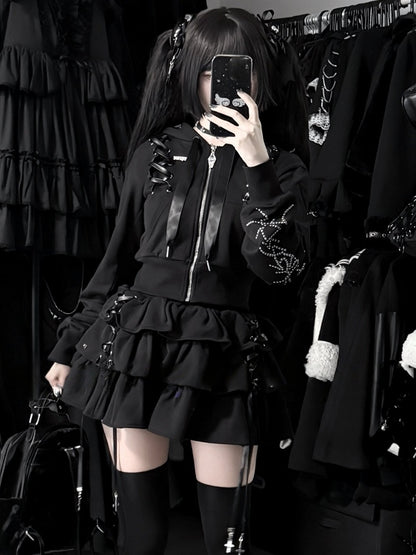 Lace-Up Dark Hoodie Stud-Decorated Black Kei Jirai