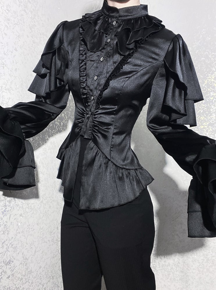 Black Shoulder Ruffle Panels Lolita Blouse with Aristocrat Cascading Ouji