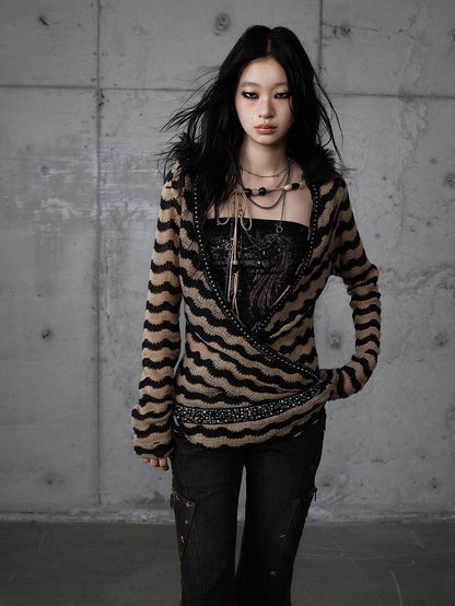 Bustier-Set-Top Braun Strick Gestreift Dekonstruiert Flügel Schwarz Print